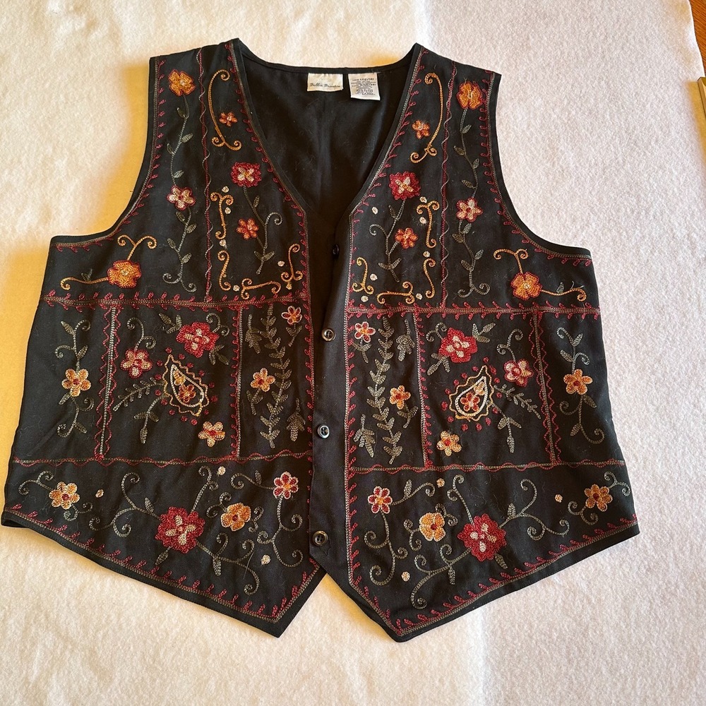 Vintage Bobbie Brooks Floral Vest Womens L 12 14 Black Embroidered Folk Boho